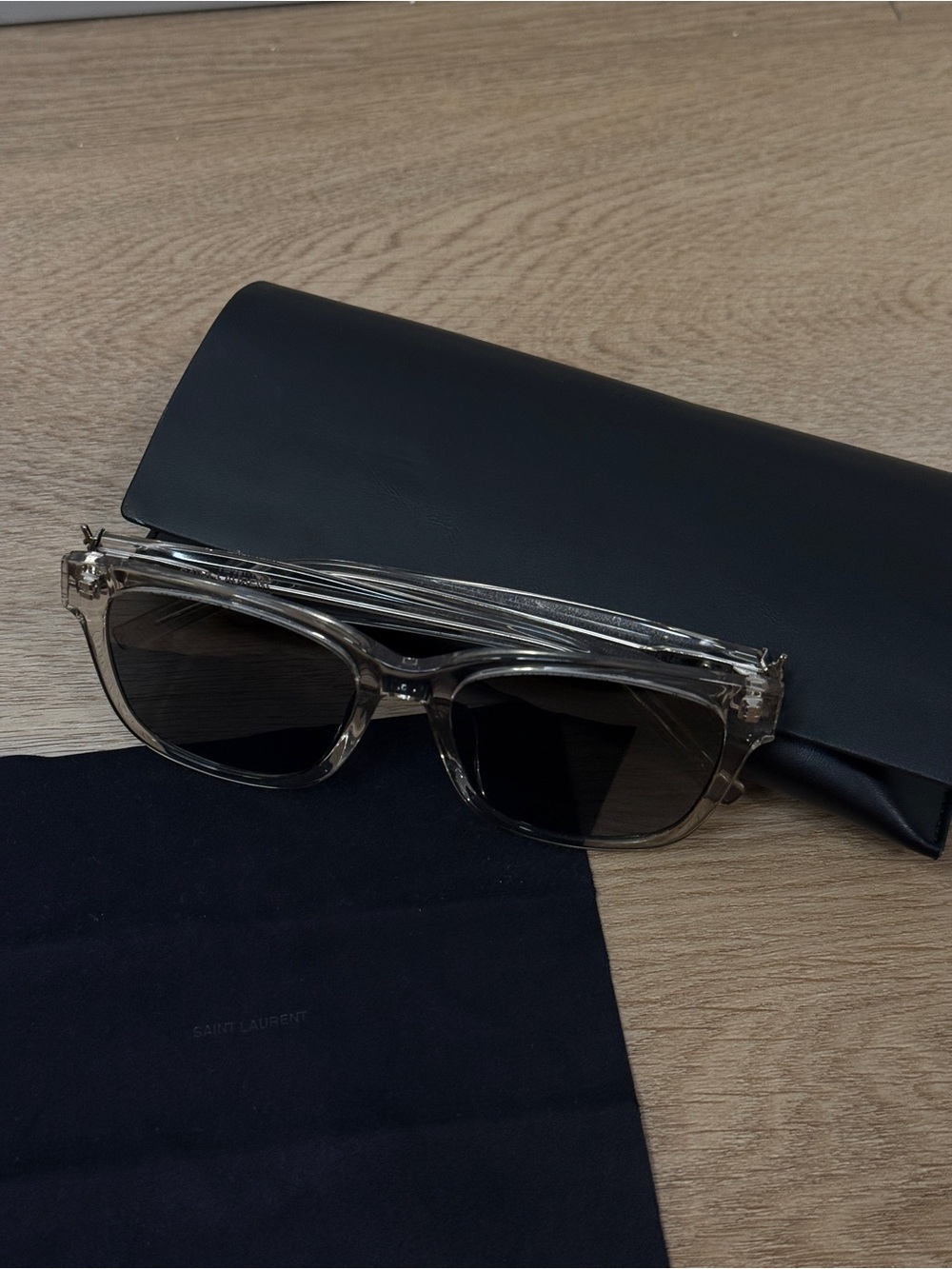 Authentic Saint Laurent Clear Frame Sunglasses with Dark Smoke Lenses